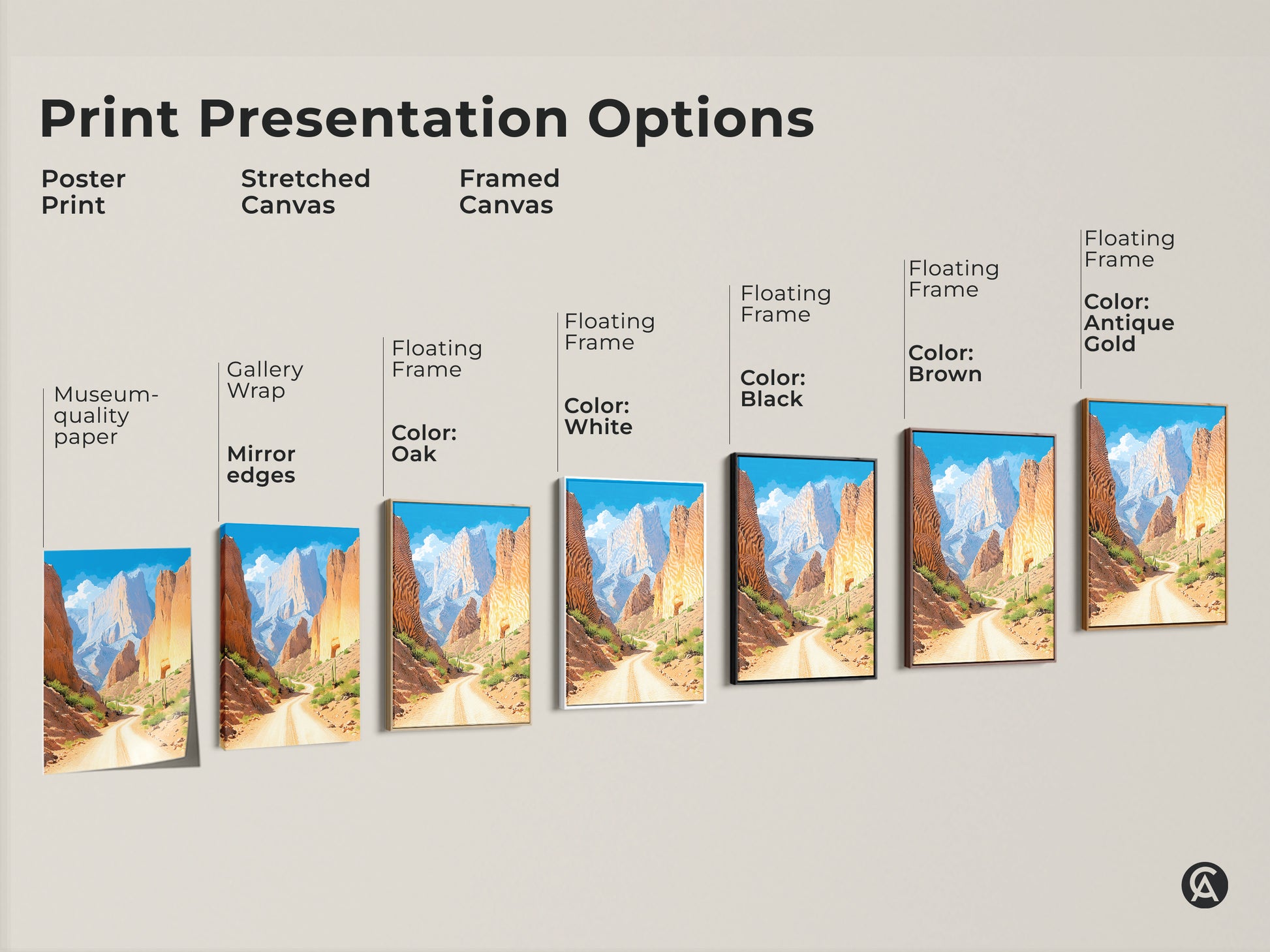 Explore southwestern wall decor with this desert landscape canvas print. Choose from poster print stretched canvas or framed canvas options. Each artwork features a canyon road and a mountain scenery. These pieces are perfect for adding a touch of orange and yellow desert to your home.