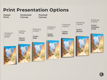 Explore southwestern wall decor with this desert landscape canvas print. Choose from poster print stretched canvas or framed canvas options. Each artwork features a canyon road and a mountain scenery. These pieces are perfect for adding a touch of orange and yellow desert to your home.