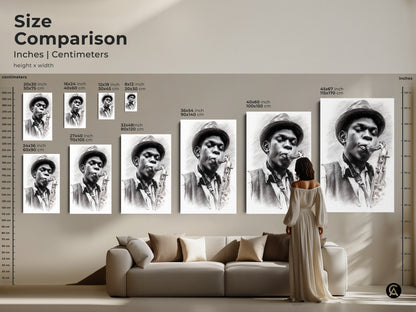 Size comparison of our pencil artwork of a jazz musician. See how different sizes look in a living room setting. This artwork is available in various sizes and formats. From small prints to large statement pieces. Perfect for adding a musical touch to your home decor.