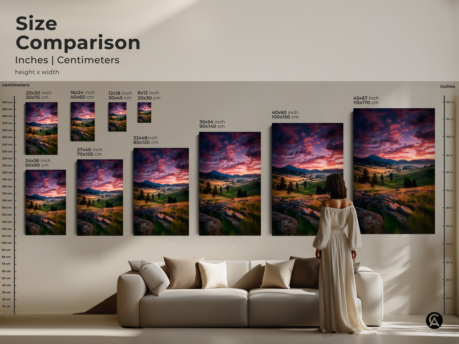 Size comparison of the inches and centimeters for mountain valley artwork. See how each canvas fits above a sofa. Sizes range from small art prints to large wall canvases. Perfect nature inspired wall decor.