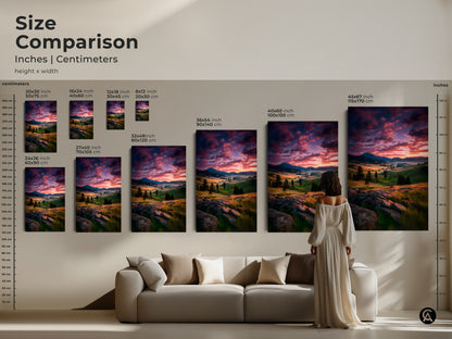 Size comparison of the inches and centimeters for mountain valley artwork. See how each canvas fits above a sofa. Sizes range from small art prints to large wall canvases. Perfect nature inspired wall decor.