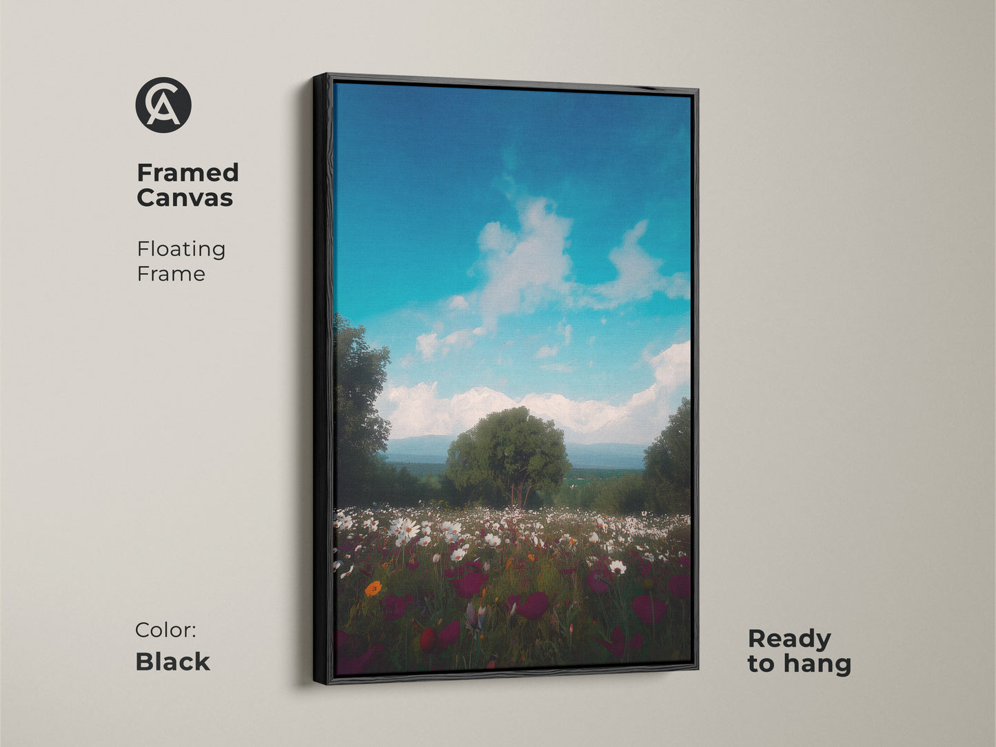 Framed canvas showcasing deep green floral art. This painterly mountain view is ready to hang. The black floating frame enhances the artistic wildflower painting. A perfect piece for bedroom wall art decor