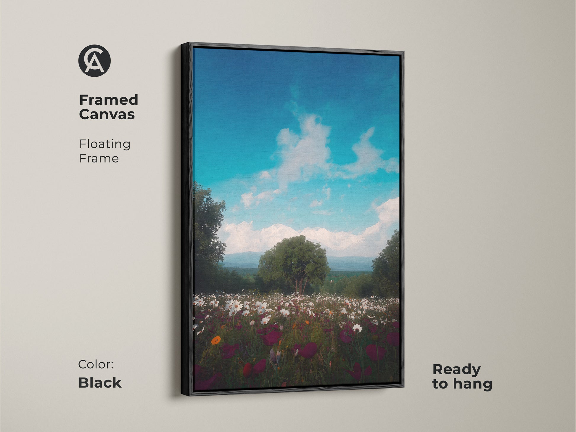 Framed canvas showcasing deep green floral art. This painterly mountain view is ready to hang. The black floating frame enhances the artistic wildflower painting. A perfect piece for bedroom wall art decor