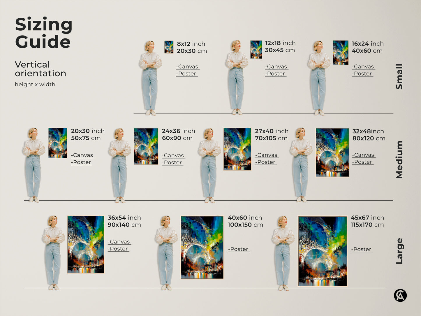 Sizing guide for vertical abstract cityscape canvas art and posters. This canvas is available in small medium and large sizes. Find the perfect fit for your space. Sizes range from 8x12 inches to 45x67 inches. Suitable for any room size. Enhance your decor with this urban bridge artwork.
