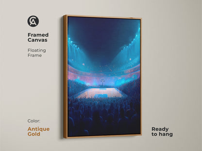Framed canvas showcasing a basketball arena art piece with an antique gold floating frame. The artwork is ready to hang. It adds a touch of elegance and excitement to your space. A perfect gift for basketball fans.