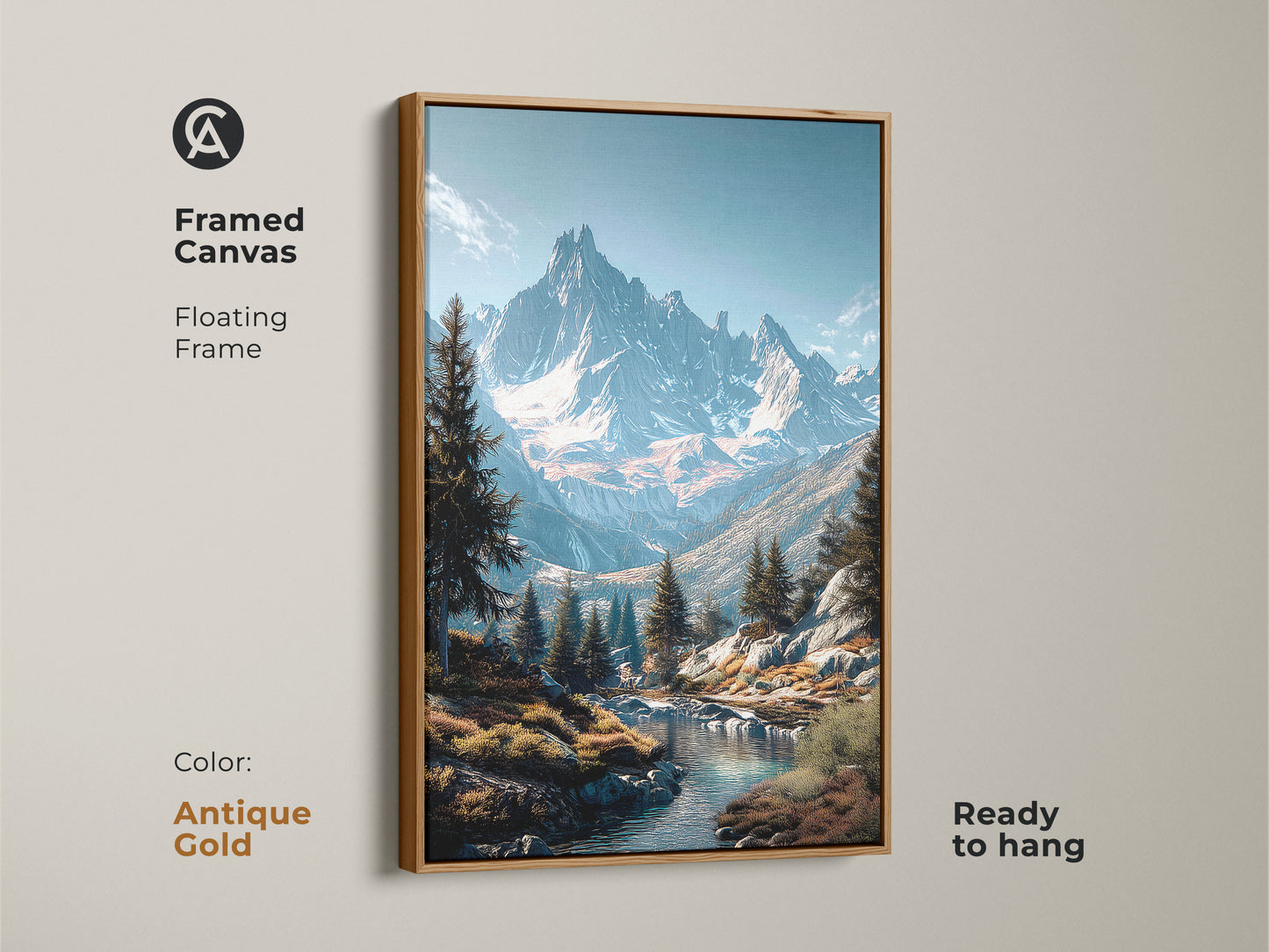 Antique gold framed canvas print of a mountain landscape. The floating frame enhances the mountain artwork. Snow capped peaks and a river create a serene scene. Evergreen trees add depth. Ready to hang. Buy framed nature art today.
