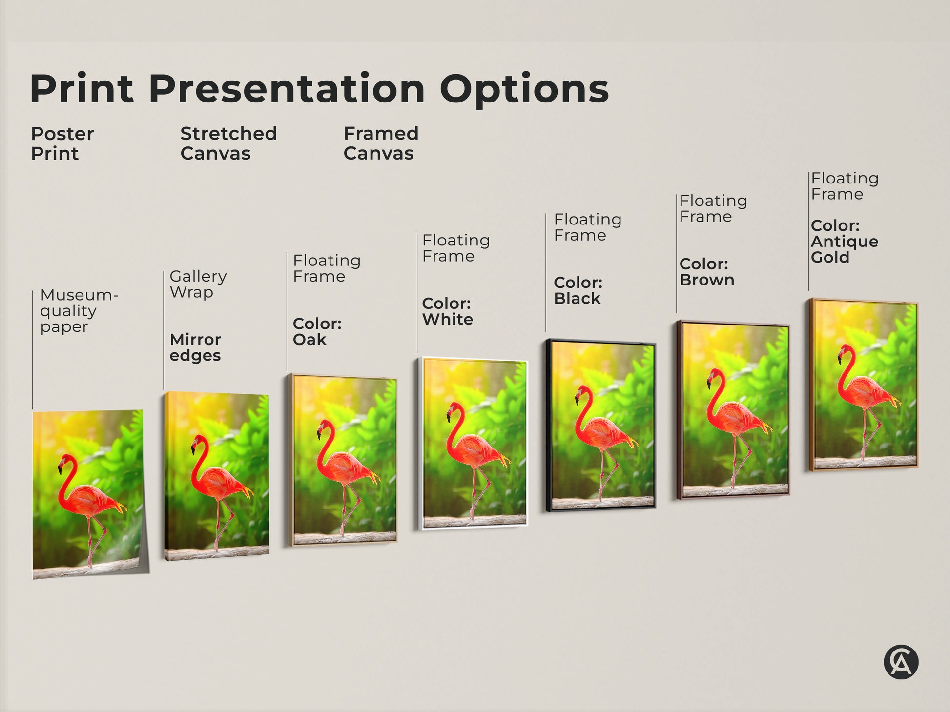 Explore print presentation options. Choose from poster prints or stretched canvas. Framed canvas in various colors are available. Find the perfect style for your flamingo art. Options include gallery wrap and floating frames. Select your ideal artwork presentation today.