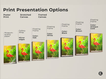 Explore print presentation options. Choose from poster prints or stretched canvas. Framed canvas in various colors are available. Find the perfect style for your flamingo art. Options include gallery wrap and floating frames. Select your ideal artwork presentation today.