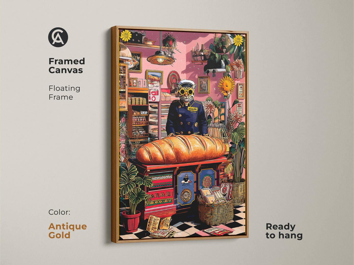 This framed canvas Cat Baker Art Print has an antique gold floating frame. It adds eclectic charm to any cafe or bakery decor. This whimsical animal food poster is ready to hang. A great addition for pink yellow orange decor.