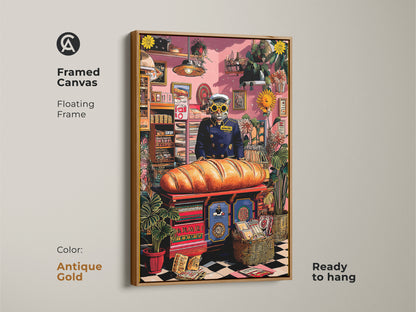 This framed canvas Cat Baker Art Print has an antique gold floating frame. It adds eclectic charm to any cafe or bakery decor. This whimsical animal food poster is ready to hang. A great addition for pink yellow orange decor.