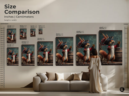 Compare sizes of the pirate squirrel art print in inches and centimeters. This whimsical poster comes in multiple sizes to suit any room. See how the eclectic animal wall decor looks in different scales. It is a unique gift for rum enthusiasts. Transform your space with fantasy bar art.