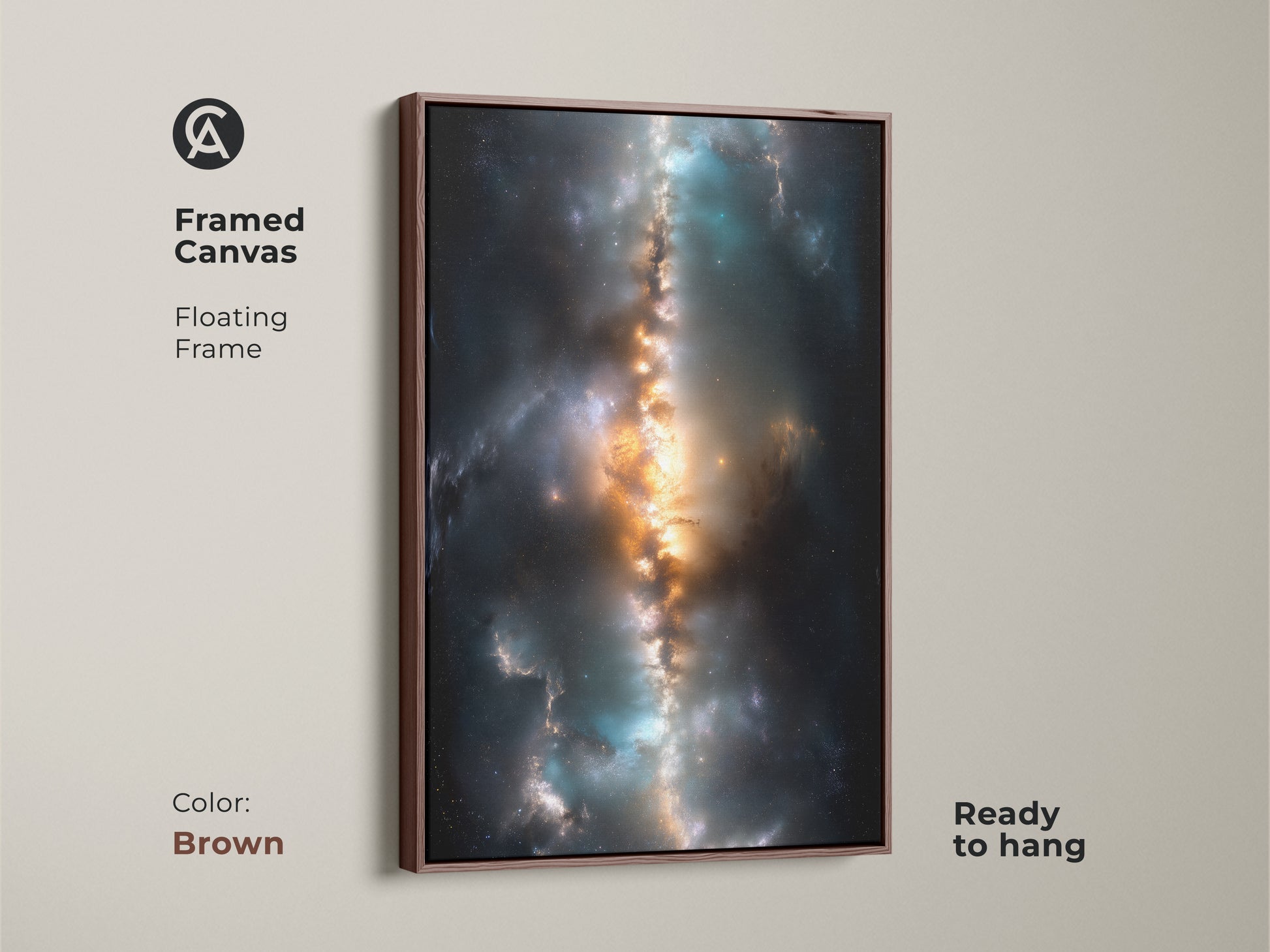 Nebula framed canvas artwork with a brown floating frame. This ready-to-hang art piece brings cosmic beauty to your space. The brown frame enhances the artwork's colors. Perfect for adding depth to your home decor.
