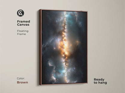 Nebula framed canvas artwork with a brown floating frame. This ready-to-hang art piece brings cosmic beauty to your space. The brown frame enhances the artwork's colors. Perfect for adding depth to your home decor.