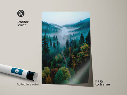 Misty forest poster print rolled in a tube. This museum-quality paper artwork is easy to frame. The print showcases a beautiful forest landscape. It is ideal for nature-inspired decor.
