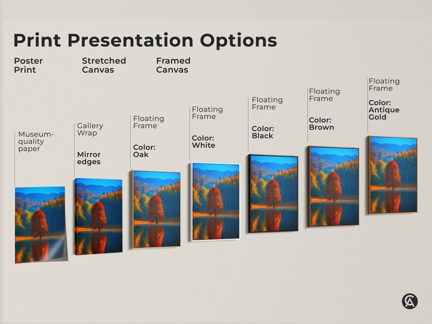 Explore print presentation options for autumn lake landscape artwork. Choose from poster print stretched canvas and framed canvas. Each style showcases a red tree reflection. Find the perfect nature artwork for your space. Select from various floating frame colors.