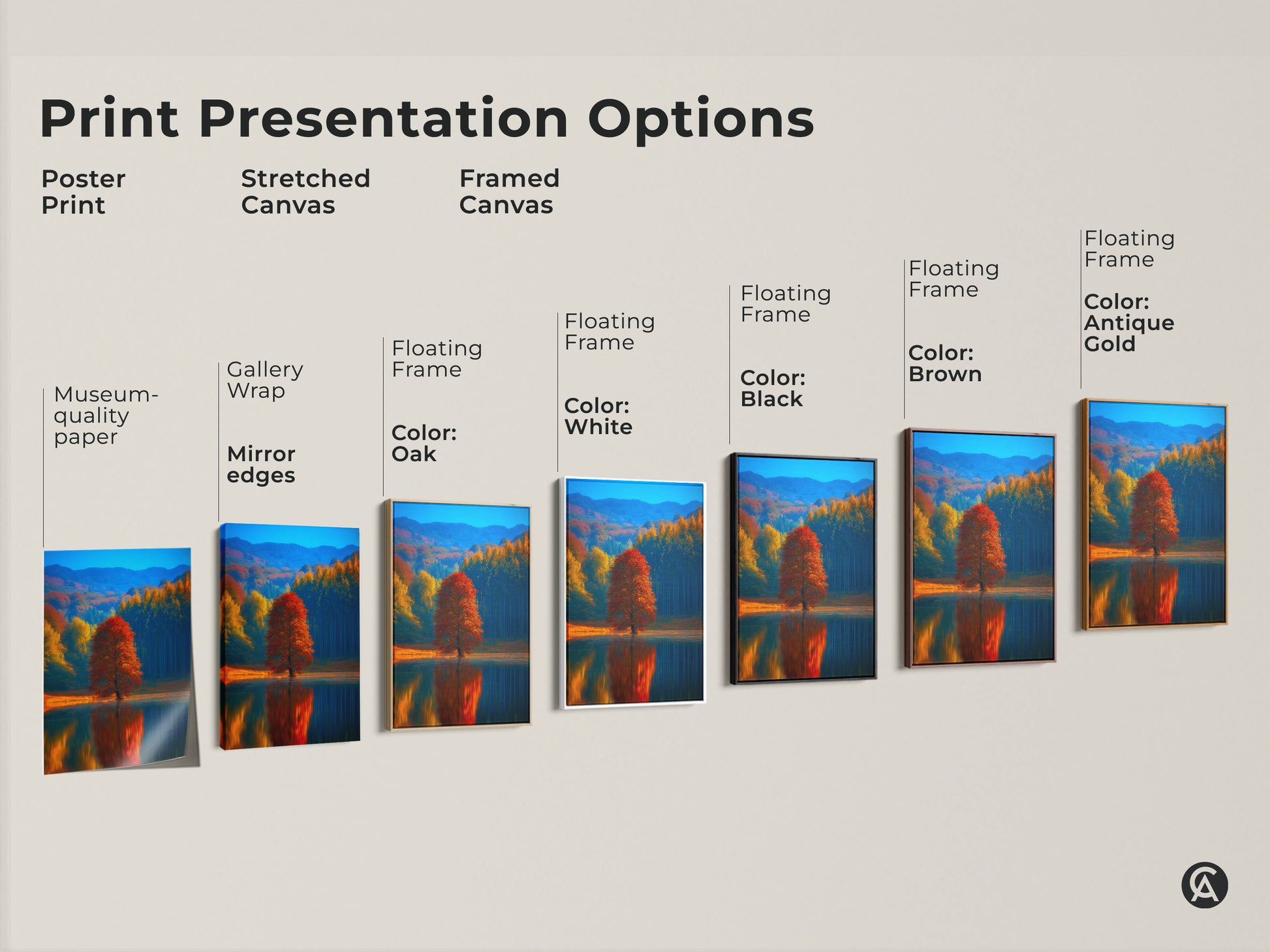 Explore print presentation options for autumn lake landscape artwork. Choose from poster print stretched canvas and framed canvas. Each style showcases a red tree reflection. Find the perfect nature artwork for your space. Select from various floating frame colors.