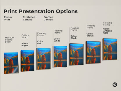 Explore print presentation options for autumn lake landscape artwork. Choose from poster print stretched canvas and framed canvas. Each style showcases a red tree reflection. Find the perfect nature artwork for your space. Select from various floating frame colors.