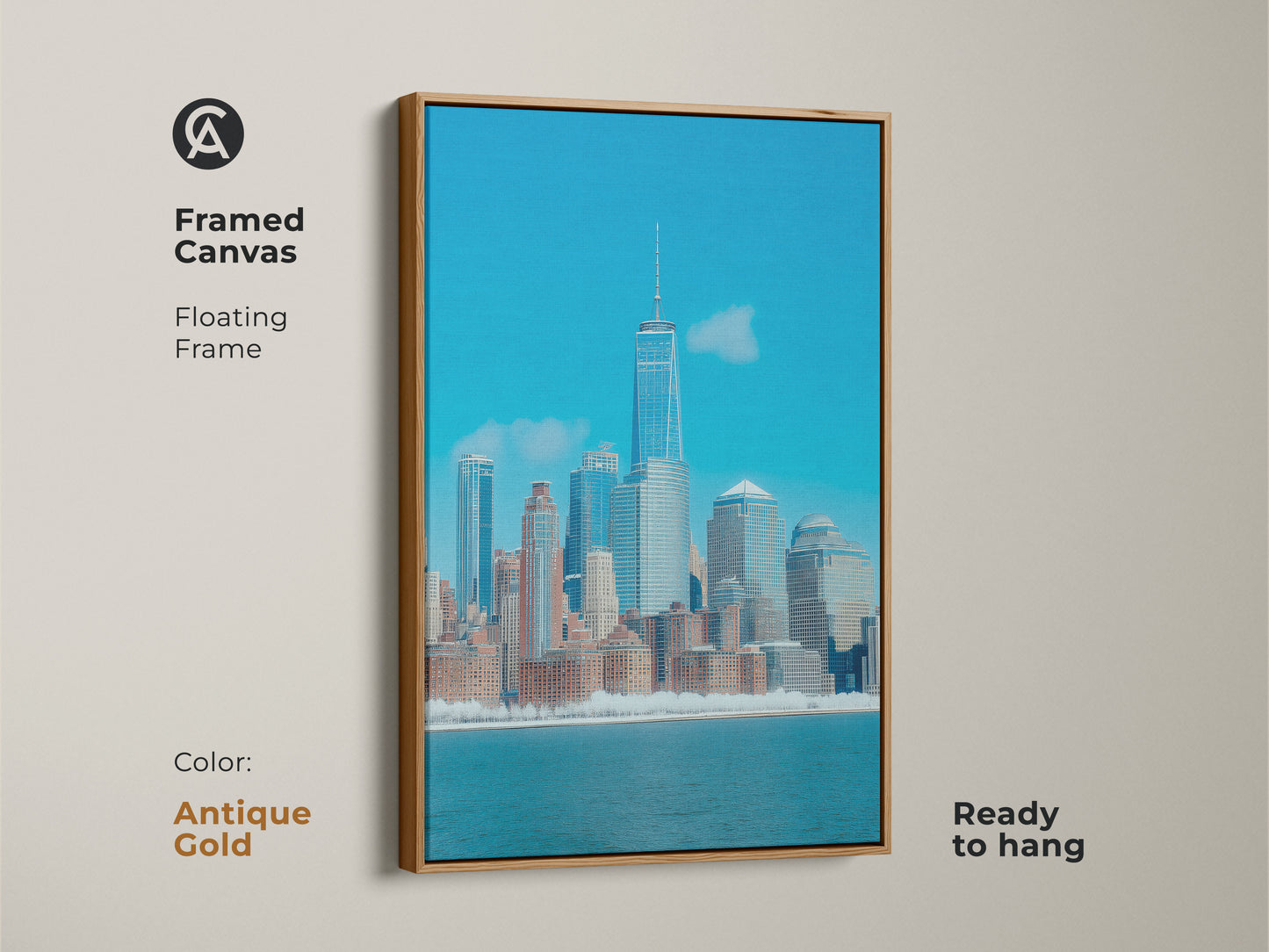 Framed canvas showcasing a modern blue NYC cityscape. The contemporary architecture artwork features an antique gold floating frame. This urban skyline art is ready to hang adding sophistication.