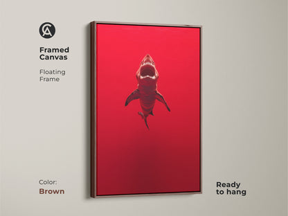 Framed canvas of a crimson shark with a brown floating frame. This ocean predator artwork is ready to hang. The contemporary artwork features a powerful animal wall art for the office. A unique birthday gift for shark enthusiasts. This minimalist shark print adds drama to any space.