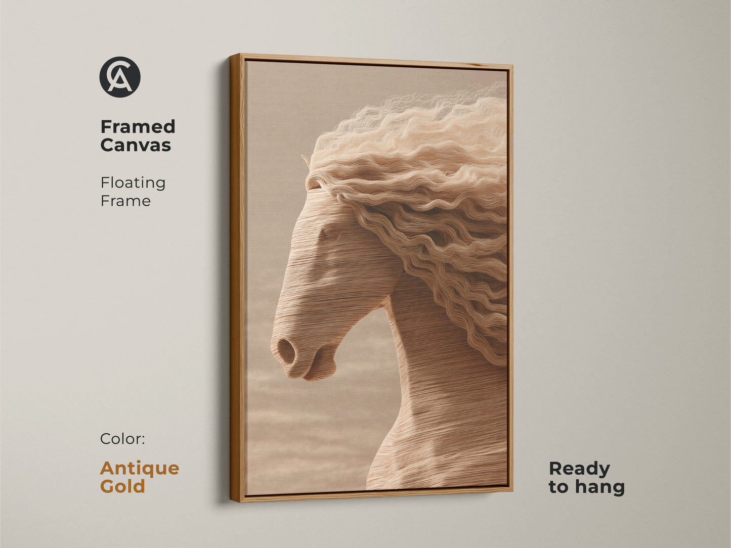 Framed canvas showcasing minimalist horse art with an antique gold floating frame. The cream tan and beige tones create a warm inviting atmosphere. This ready-to-hang equestrian artwork adds a touch of elegance to your living space. Perfect for minimalist animal decor.