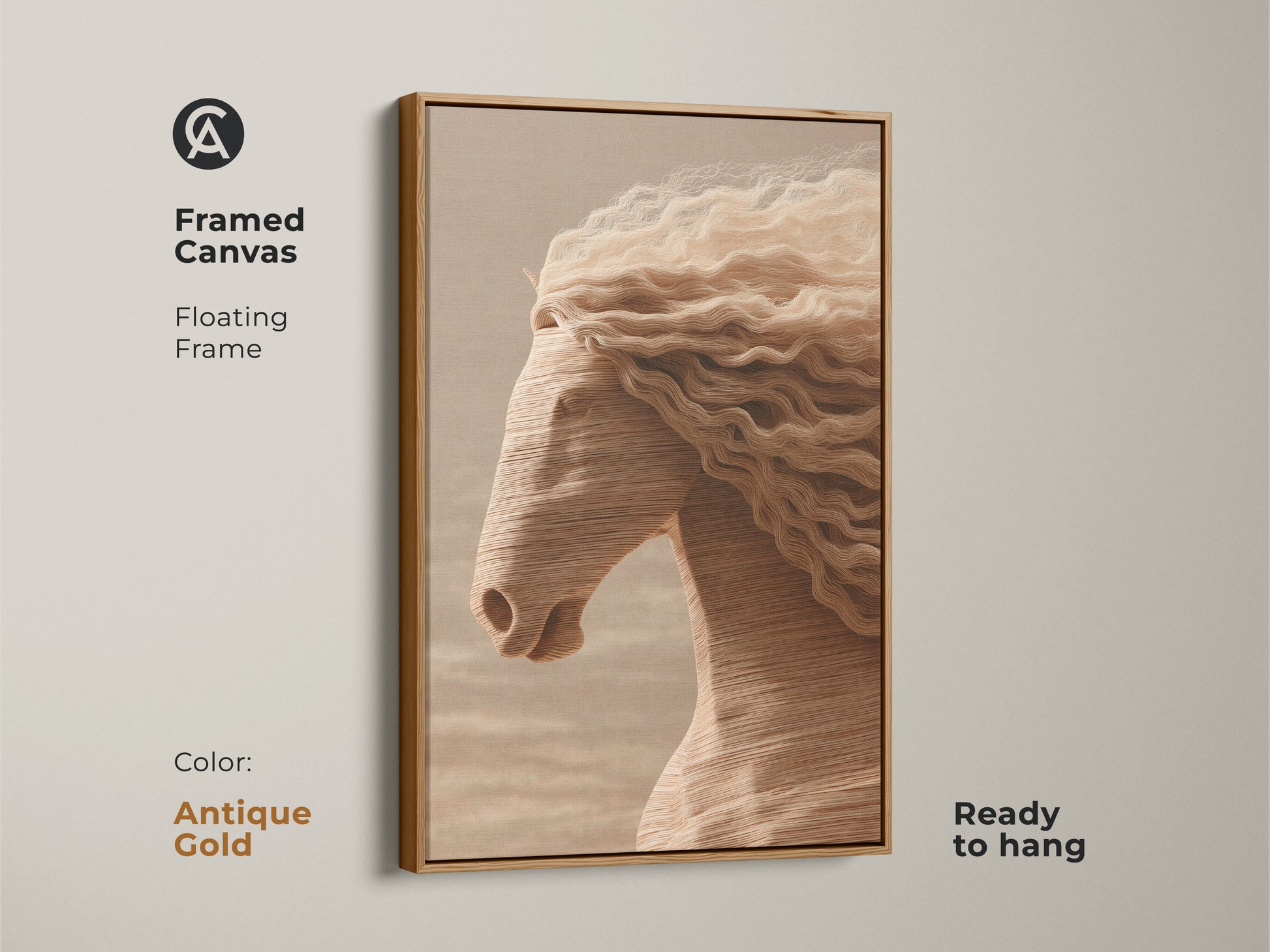 Framed canvas showcasing minimalist horse art with an antique gold floating frame. The cream tan and beige tones create a warm inviting atmosphere. This ready-to-hang equestrian artwork adds a touch of elegance to your living space. Perfect for minimalist animal decor.