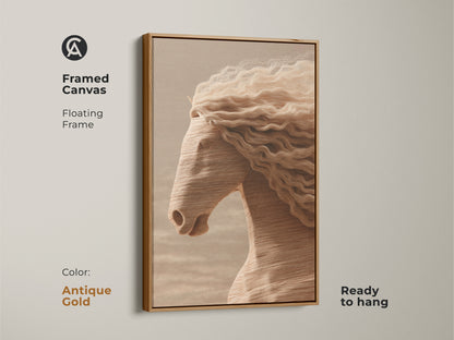 Framed canvas showcasing minimalist horse art with an antique gold floating frame. The cream tan and beige tones create a warm inviting atmosphere. This ready-to-hang equestrian artwork adds a touch of elegance to your living space. Perfect for minimalist animal decor.
