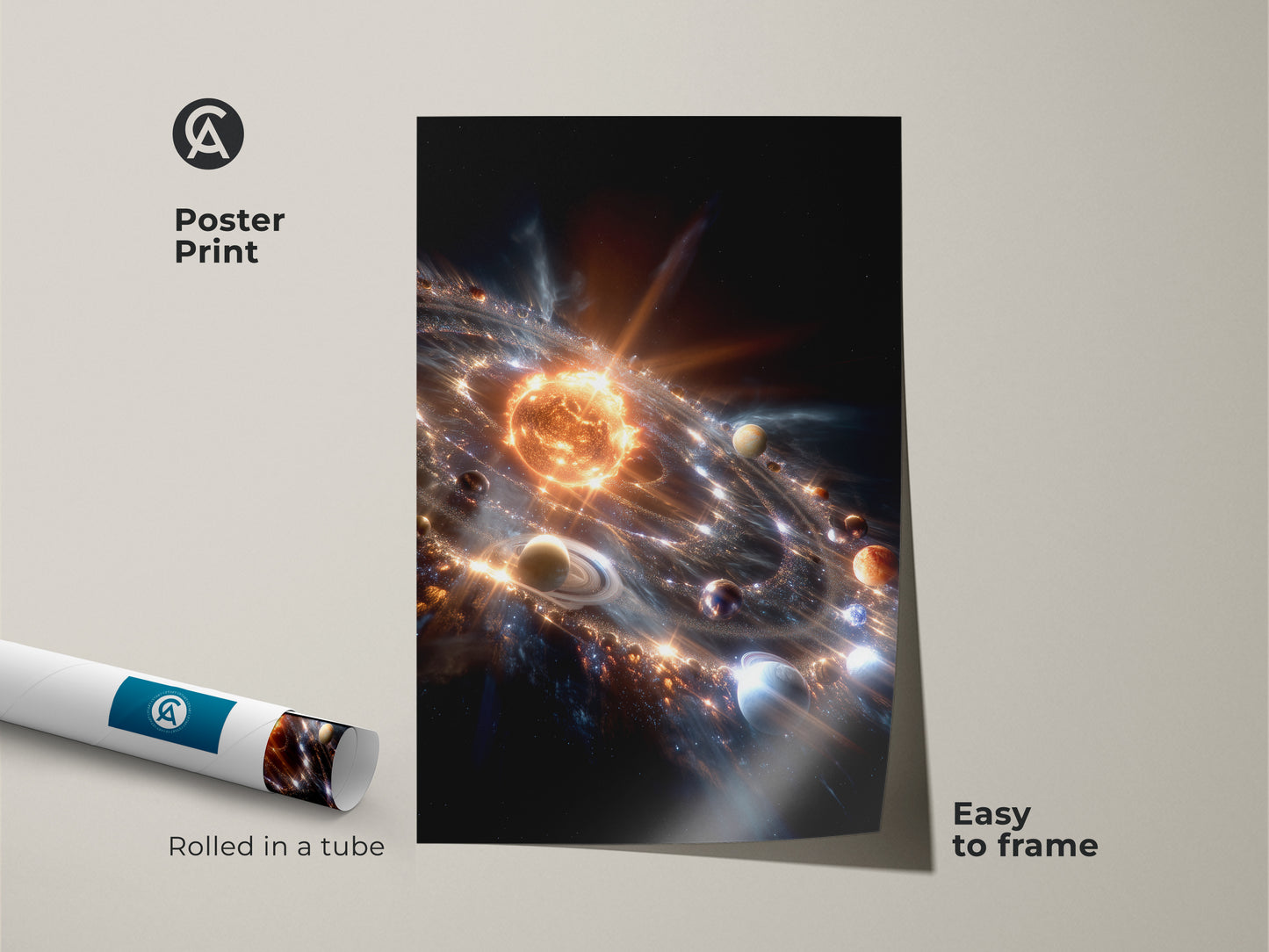 Poster print displays a detailed solar system artwork. The planets orbit a radiant sun in this cosmic art piece. This high-quality poster is easy to frame. It arrives rolled in a tube for protection. Perfect for adding a touch of the universe to your walls.