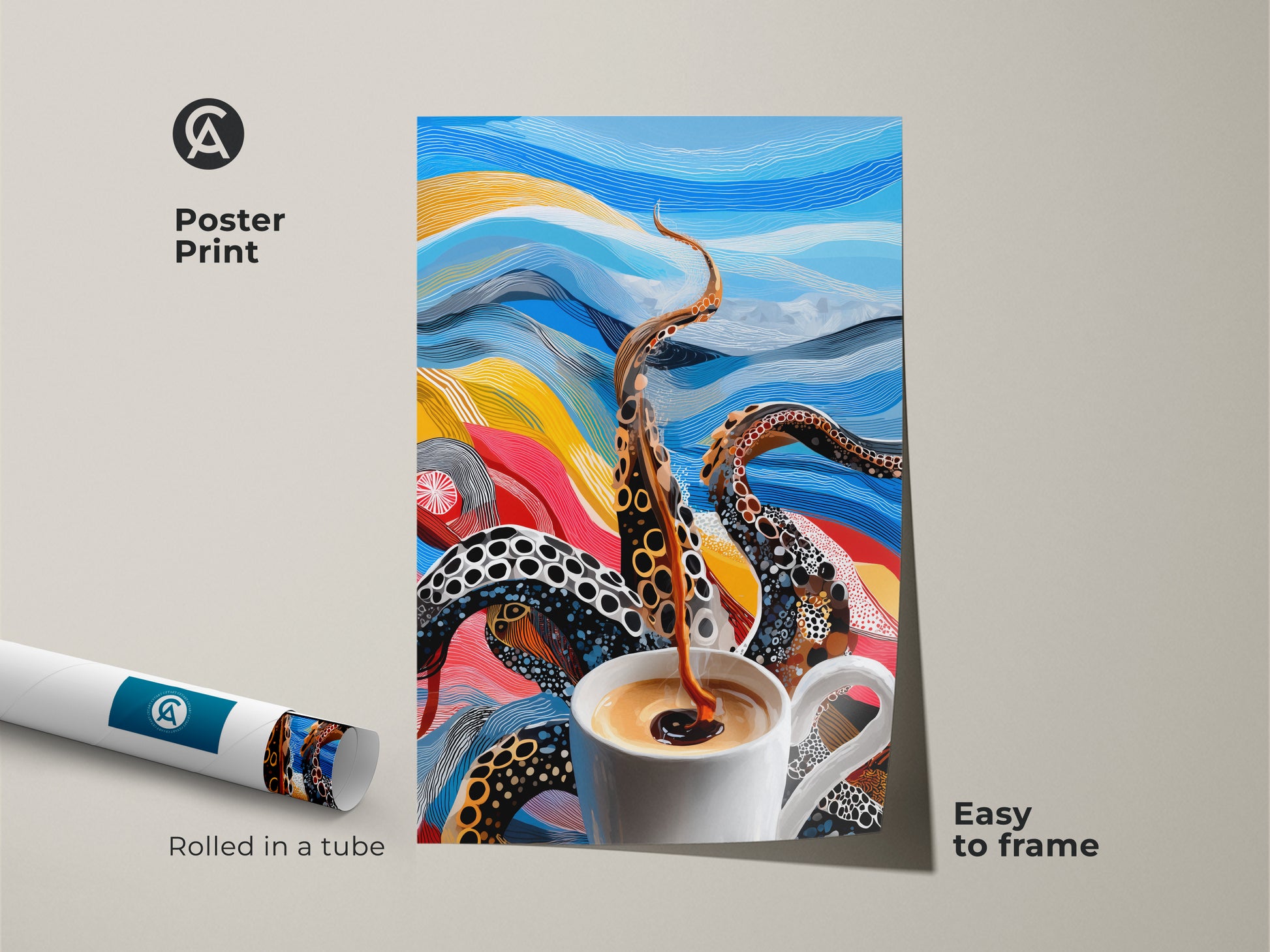 A surreal octopus coffee cup poster print. This abstract kitchen wall art is easy to frame. The artwork is rolled in a tube. It features bold yellow blue and red colors for eclectic home decor.