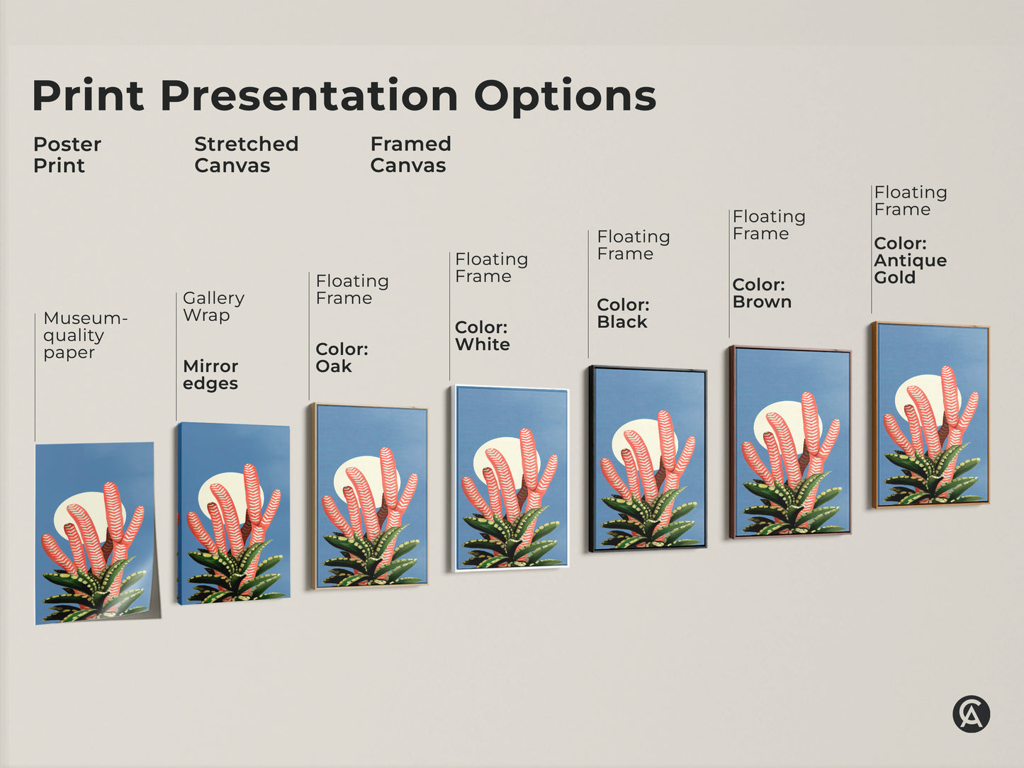 Explore Print Presentation Options for botanical artwork. See poster prints stretched canvases and framed canvas options. Choose floating frames in colors like white black brown antique gold and oak. Museum-quality paper ensures lasting beauty.