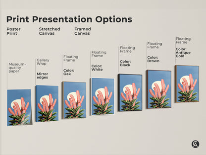 Explore Print Presentation Options for botanical artwork. See poster prints stretched canvases and framed canvas options. Choose floating frames in colors like white black brown antique gold and oak. Museum-quality paper ensures lasting beauty.