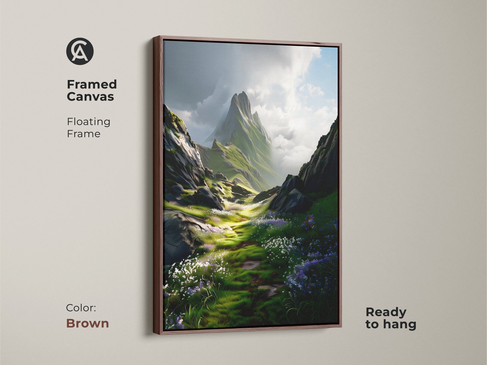 Green Floral Meadow art in a brown floating frame canvas. This mountain landscape canvas print showcases nature wall decor. This serene outdoor scene canvas brings the outdoors in.
