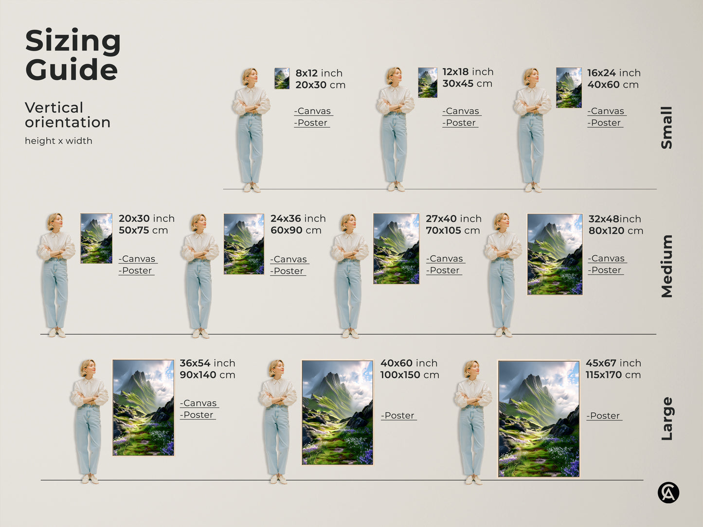 Sizing guide for a vertical green and blue mountain landscape art print. Available as canvas or poster in small medium and large sizes. Find the perfect nature artwork for your space.