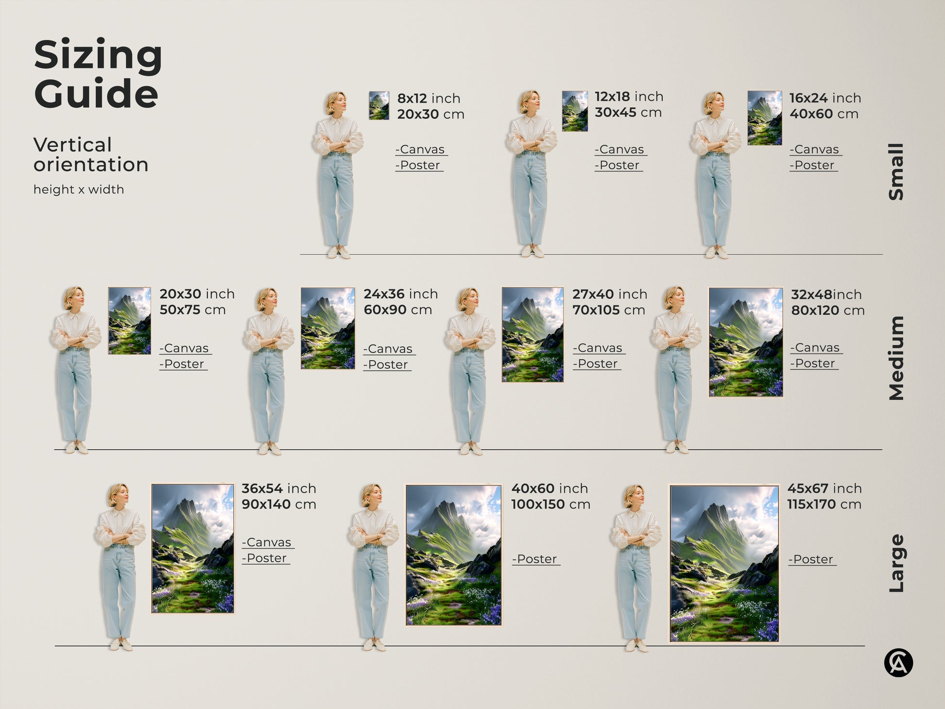 Sizing guide for a vertical green and blue mountain landscape art print. Available as canvas or poster in small medium and large sizes. Find the perfect nature artwork for your space.