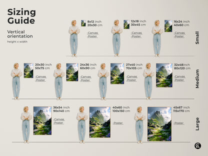 Sizing guide for a vertical green and blue mountain landscape art print. Available as canvas or poster in small medium and large sizes. Find the perfect nature artwork for your space.