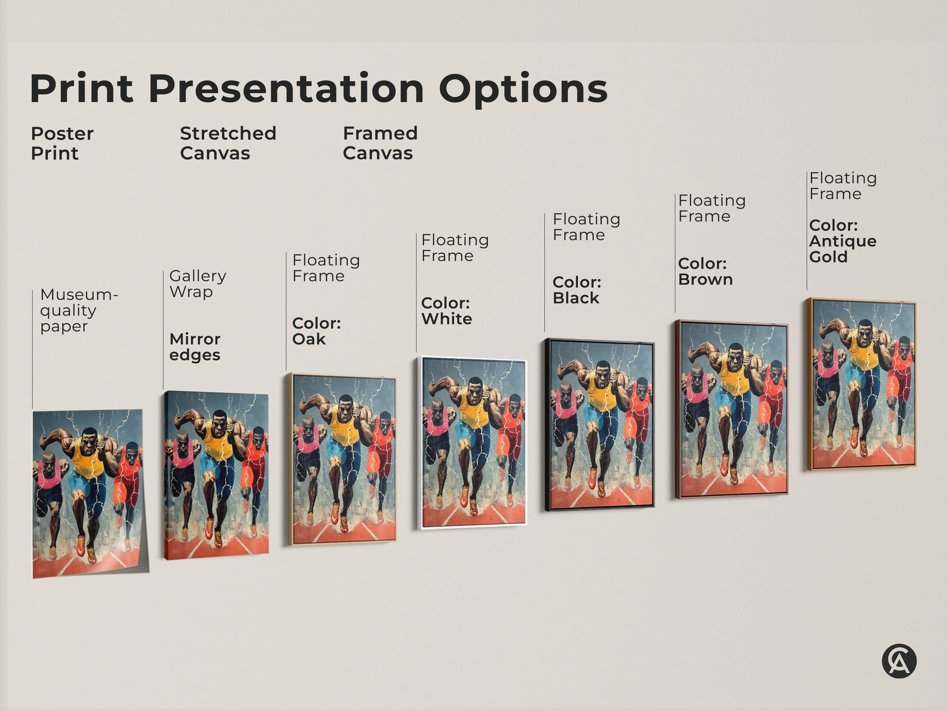 Explore print presentation options for runner canvas art. Choose from poster print stretched canvas or framed canvas. Find the perfect style for your sports decor. Museum-quality prints available now.
