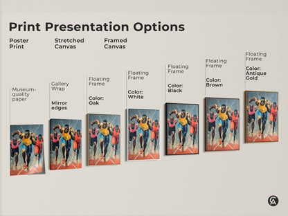 Explore print presentation options for runner canvas art. Choose from poster print stretched canvas or framed canvas. Find the perfect style for your sports decor. Museum-quality prints available now.