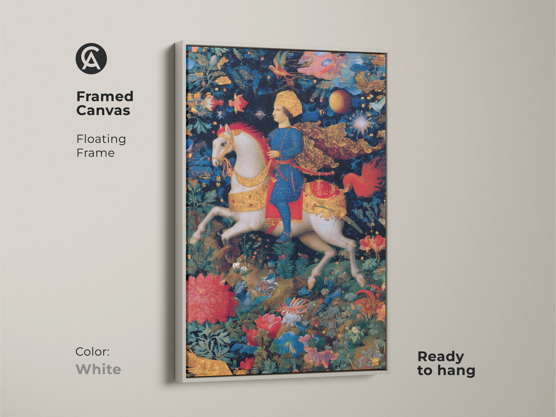 Framed canvas art of a knight on horseback. This renaissance horse print has a white floating frame. Mythology canvas art in blue red and gold tones. Ready to hang and perfect for eclectic home decor. A storybook wall art piece.