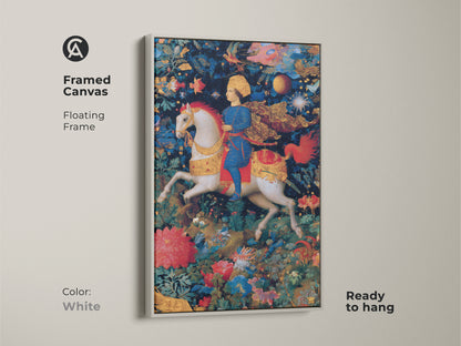 Framed canvas art of a knight on horseback. This renaissance horse print has a white floating frame. Mythology canvas art in blue red and gold tones. Ready to hang and perfect for eclectic home decor. A storybook wall art piece.