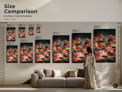 Size comparison of butterfly and water lily art prints in inches and centimeters. This artwork is perfect above a couch. Available in various sizes to complement your living room decor.