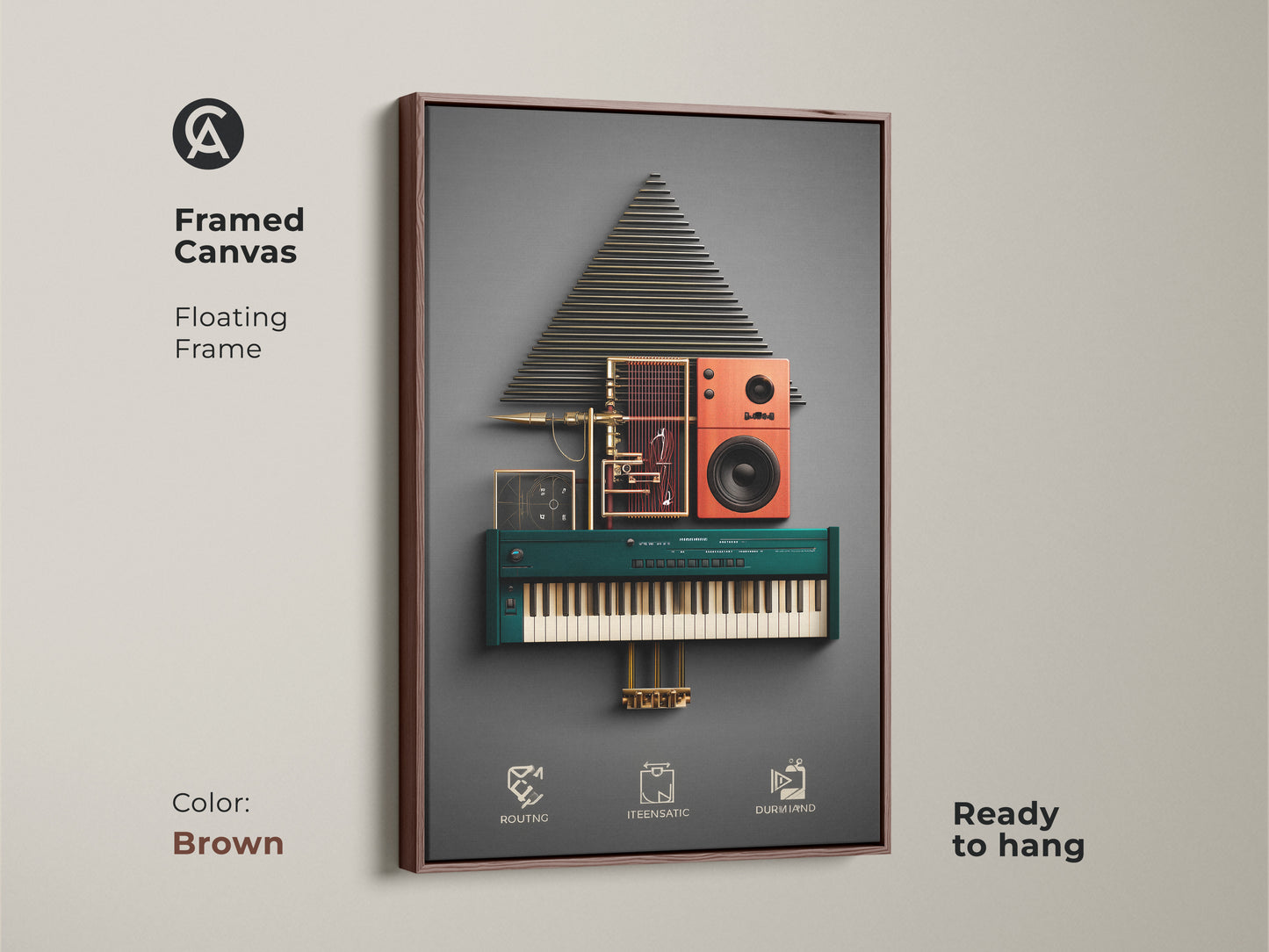 Brown framed canvas showcasing modern electronic artwork. Abstract geometric canvas with teal orange and gold tones. A unique tech gift for a creative music space. Ideal home studio print for musician tech enthusiasts.
