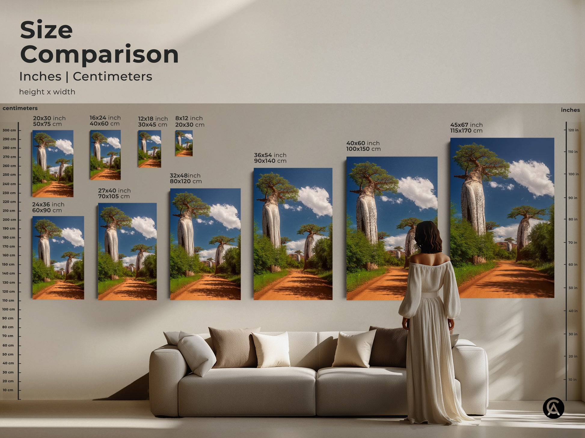Size comparison of African Baobab Tree art in inches and centimeters. This boho wall decor shows a dirt road and green trees. This African landscape print is a travel themed gift. The woman provides scale.