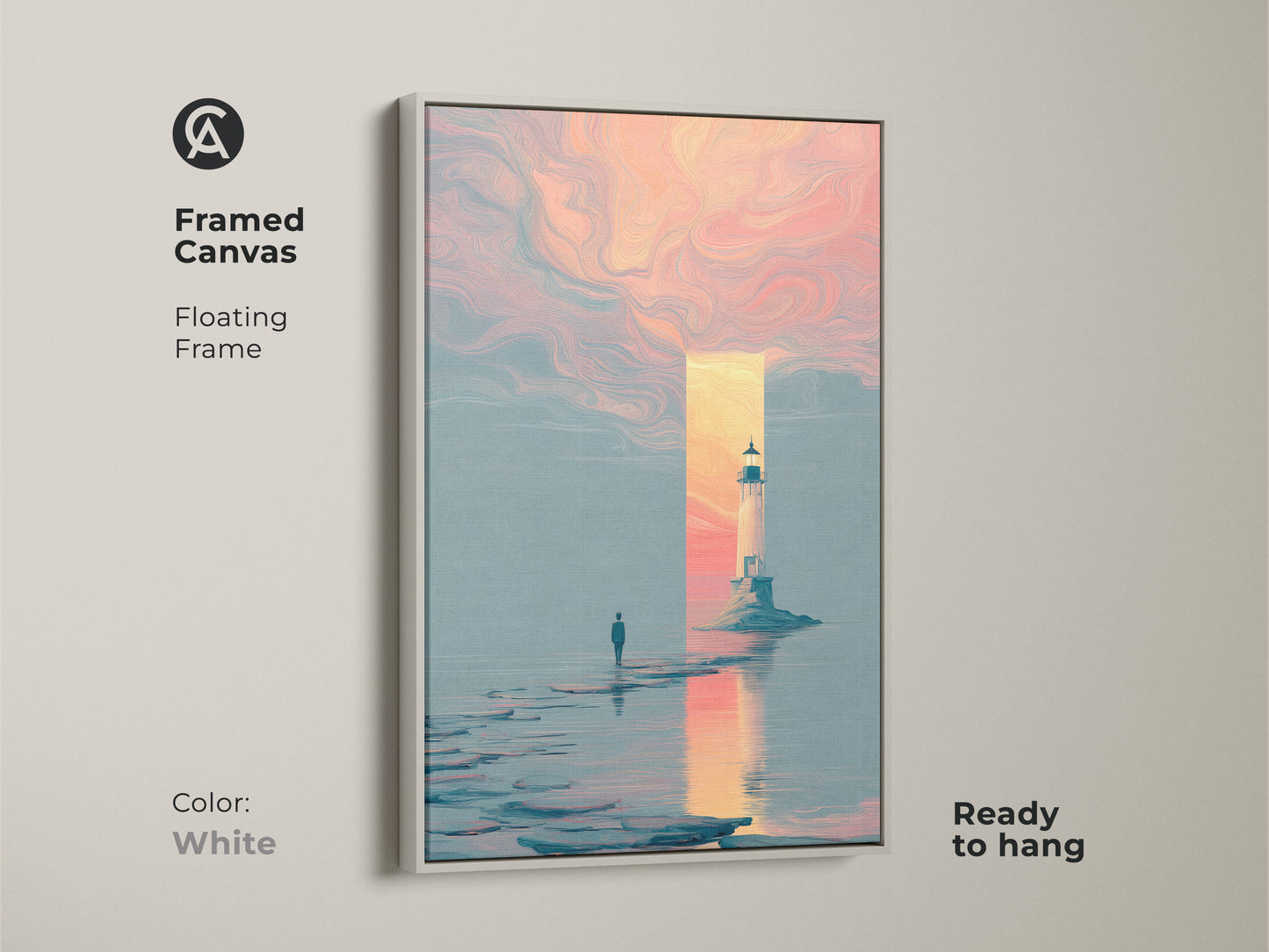 This image features framed canvas art with a white floating frame. The surreal pink orange and blue seascape creates a dreamlike mood. This abstract ocean artwork adds a coastal vibe to any room. Ideal for home or office spaces. It comes ready to hang and admire.