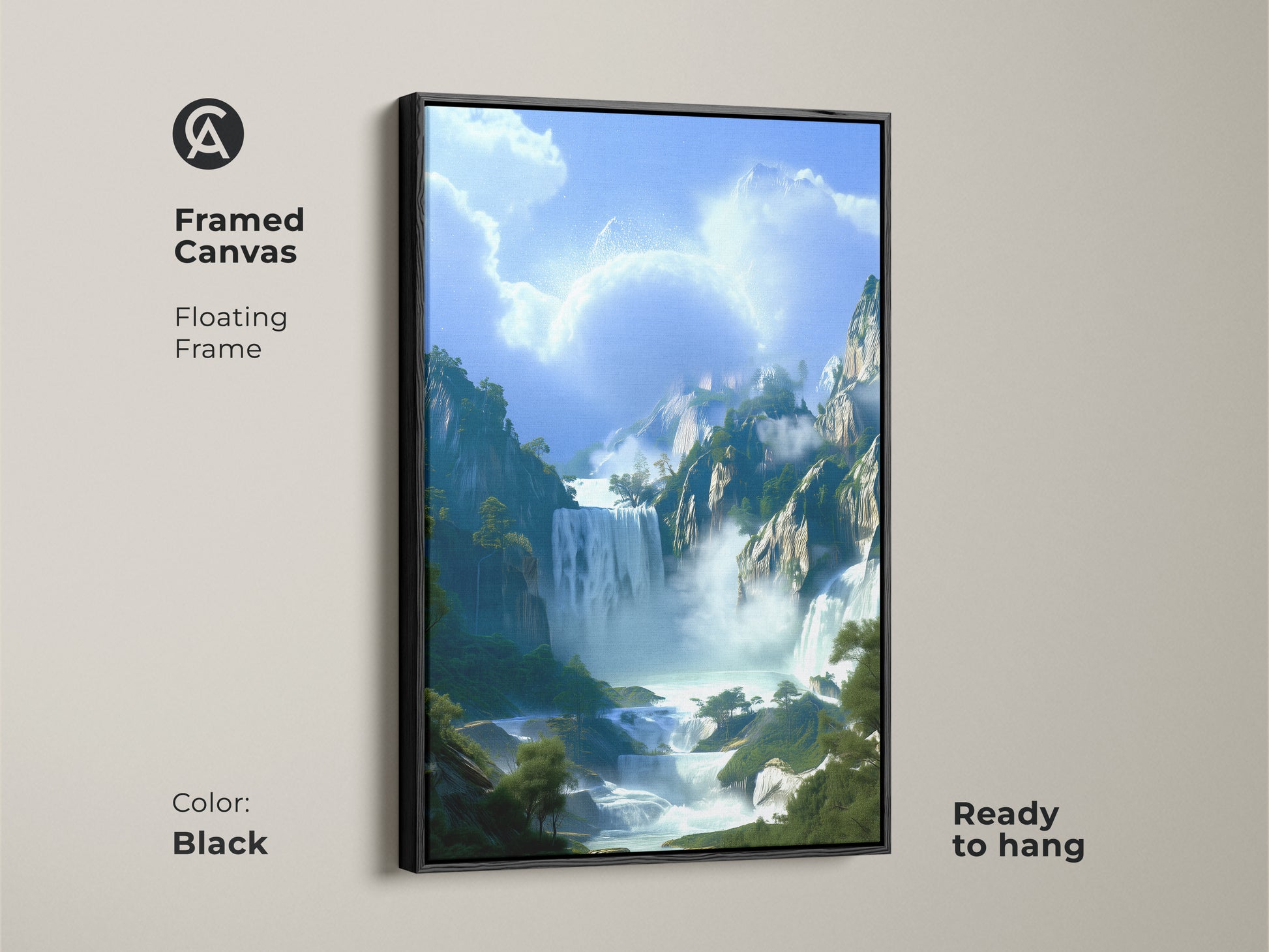 Frame your love for nature with this framed canvas print. The black floating frame enhances the digital painting of a blue green waterfall and mountain forest landscape. Ready to hang this fantasy nature wall art adds an elegant touch to your home.