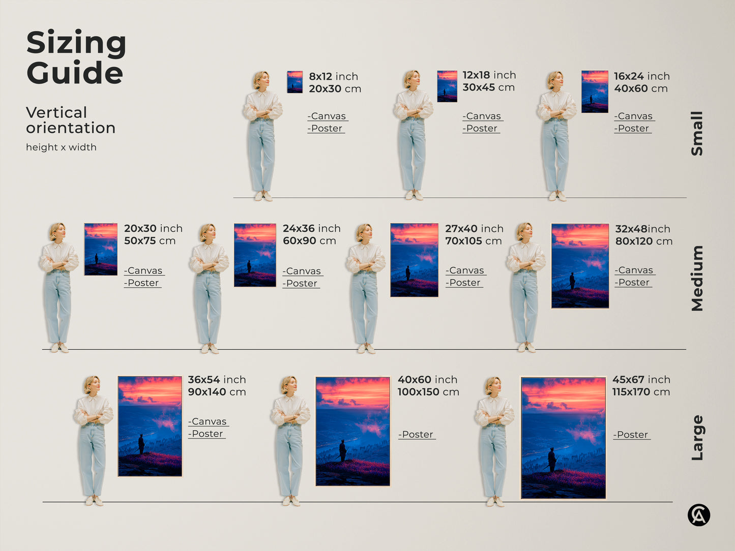 Discover the perfect size for your historical soldier canvas print. This sizing guide shows vertical orientations for various canvas and poster sizes. Find the ideal fit for your space from small to large formats of dramatic cityscape artwork.