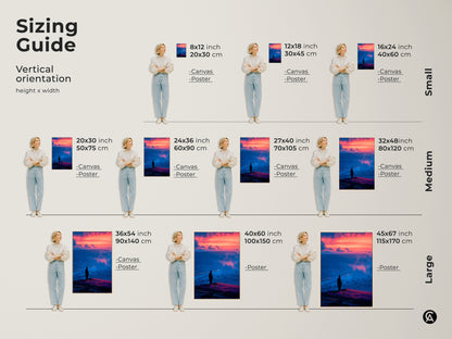Discover the perfect size for your historical soldier canvas print. This sizing guide shows vertical orientations for various canvas and poster sizes. Find the ideal fit for your space from small to large formats of dramatic cityscape artwork.