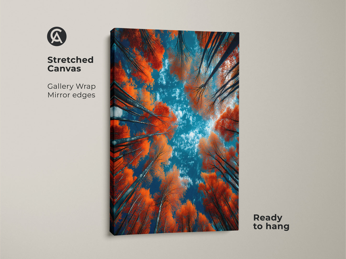 Stretched canvas art featuring orange trees reaching towards a blue sky. The gallery wrap with mirror edges offers a modern touch. The canvas art is ready to hang and enjoy. A vibrant piece of nature art for any room. Discover captivating artwork today.