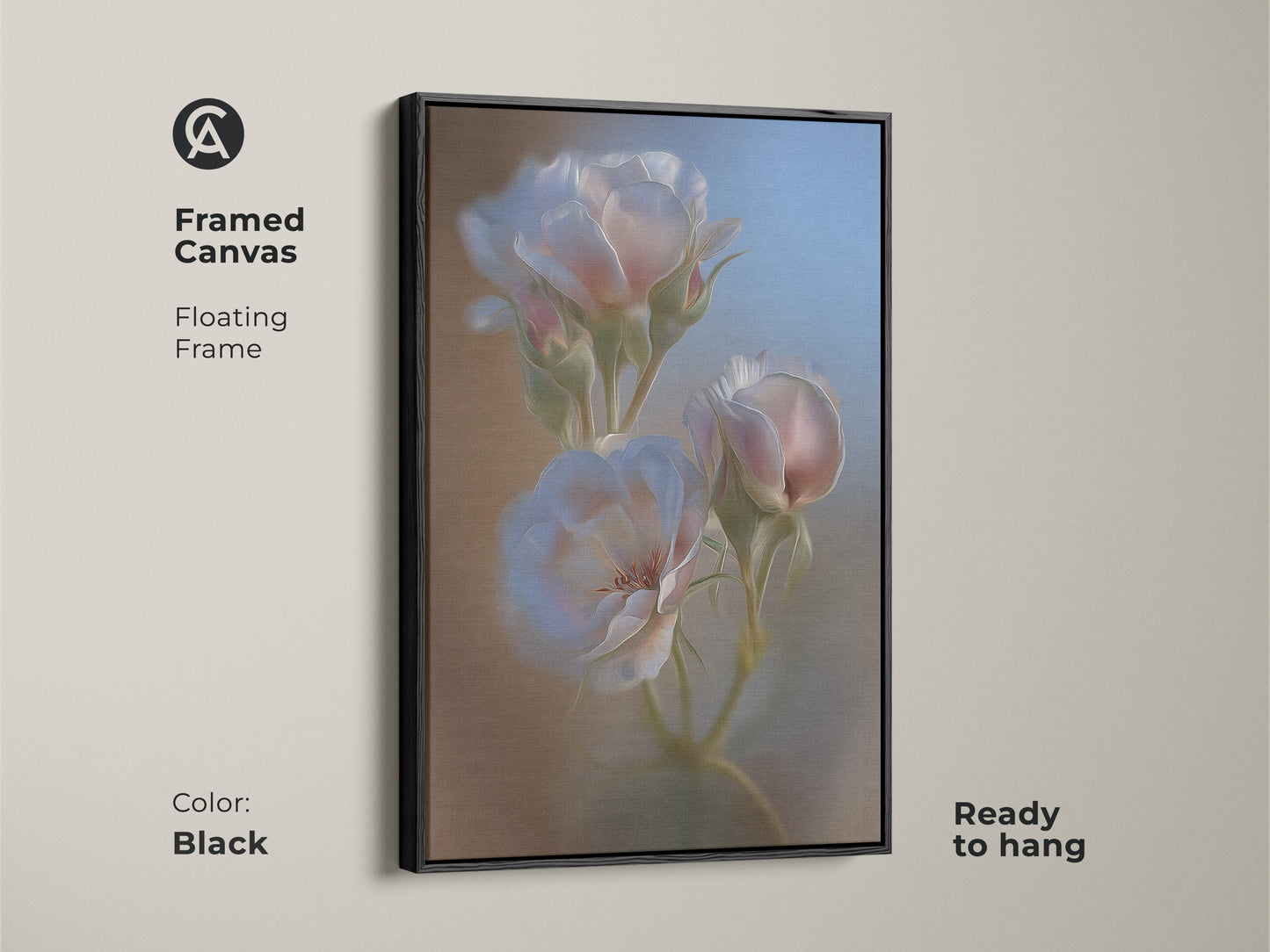 Framed Canvas featuring soft focus roses in an impressionistic style. The floating frame is black. This botanical rose artwork adds a touch of gentle color to any room. This wall art is a perfect gift for mom or for an anniversary.