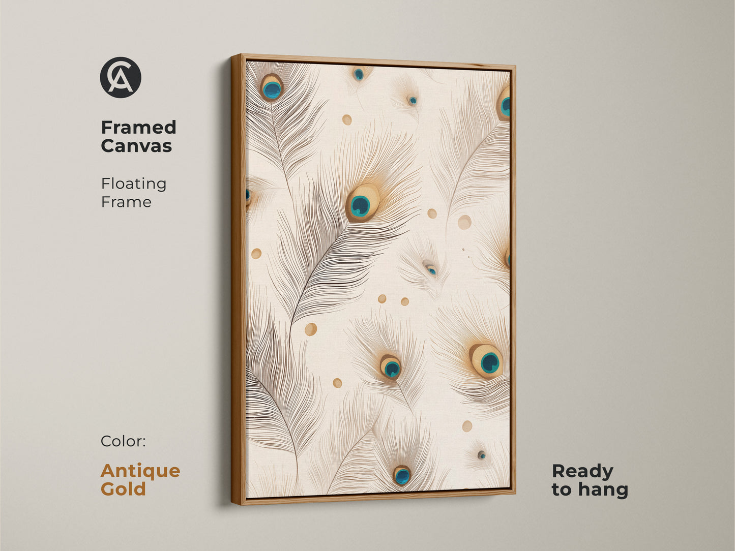 Framed canvas with an antique gold floating frame. Features a minimalist peacock feather artwork. This boho botanical art brings nature indoors. Ready to hang in any room.
