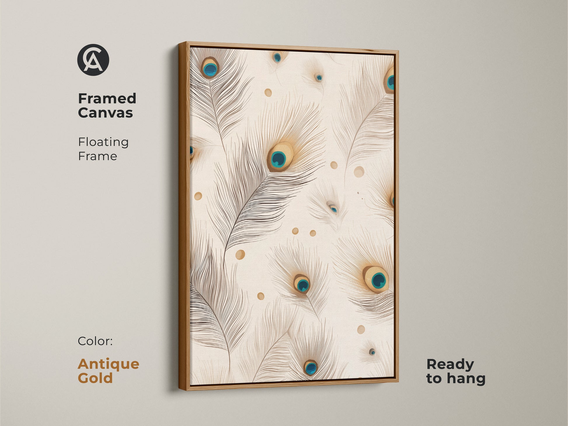 Framed canvas with an antique gold floating frame. Features a minimalist peacock feather artwork. This boho botanical art brings nature indoors. Ready to hang in any room.