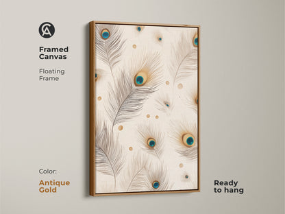 Framed canvas with an antique gold floating frame. Features a minimalist peacock feather artwork. This boho botanical art brings nature indoors. Ready to hang in any room.